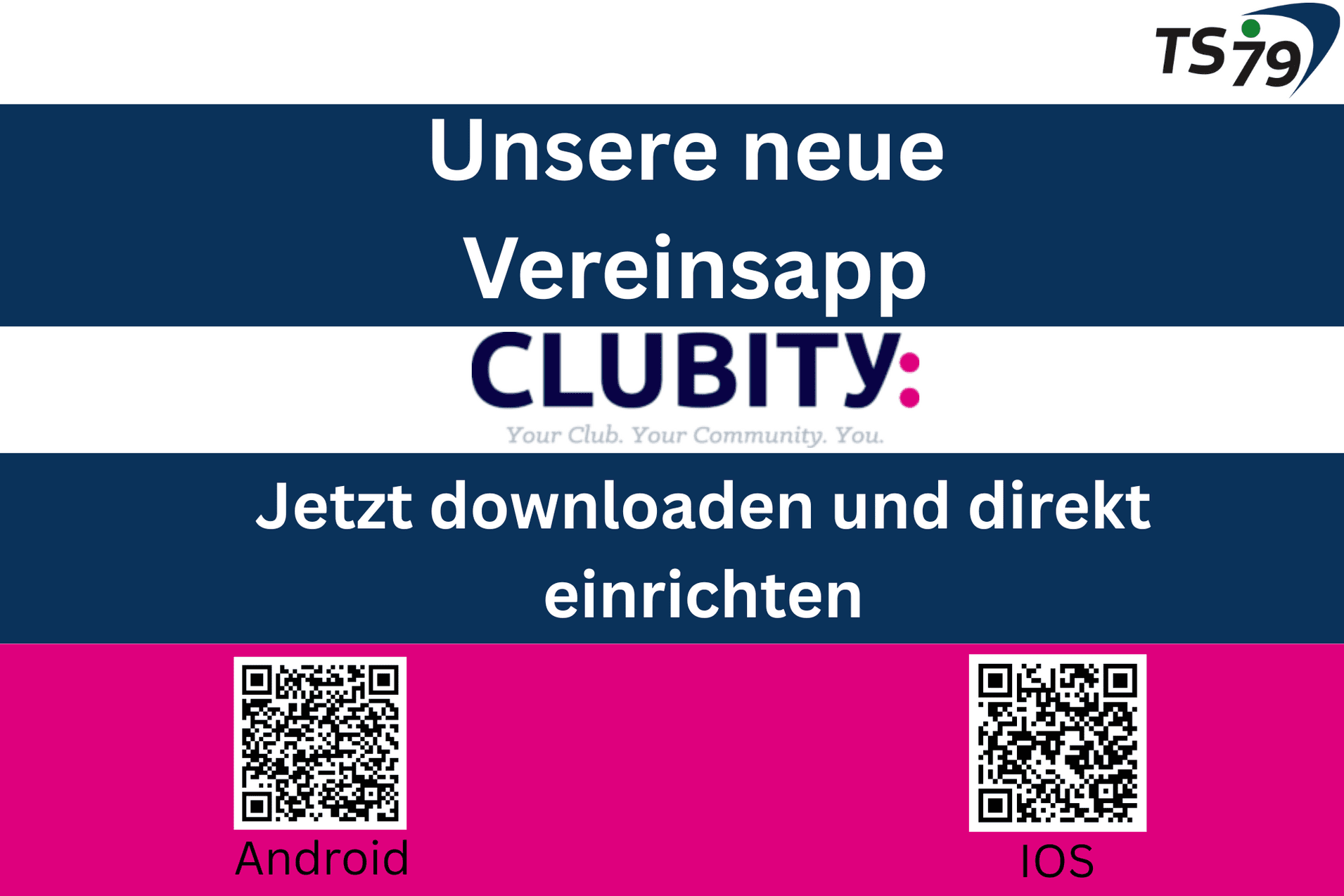 Banner für die Vereinsapp "CLUBITY" mit QR-Codes für Android und iOS zum Download und zur Einrichtung.