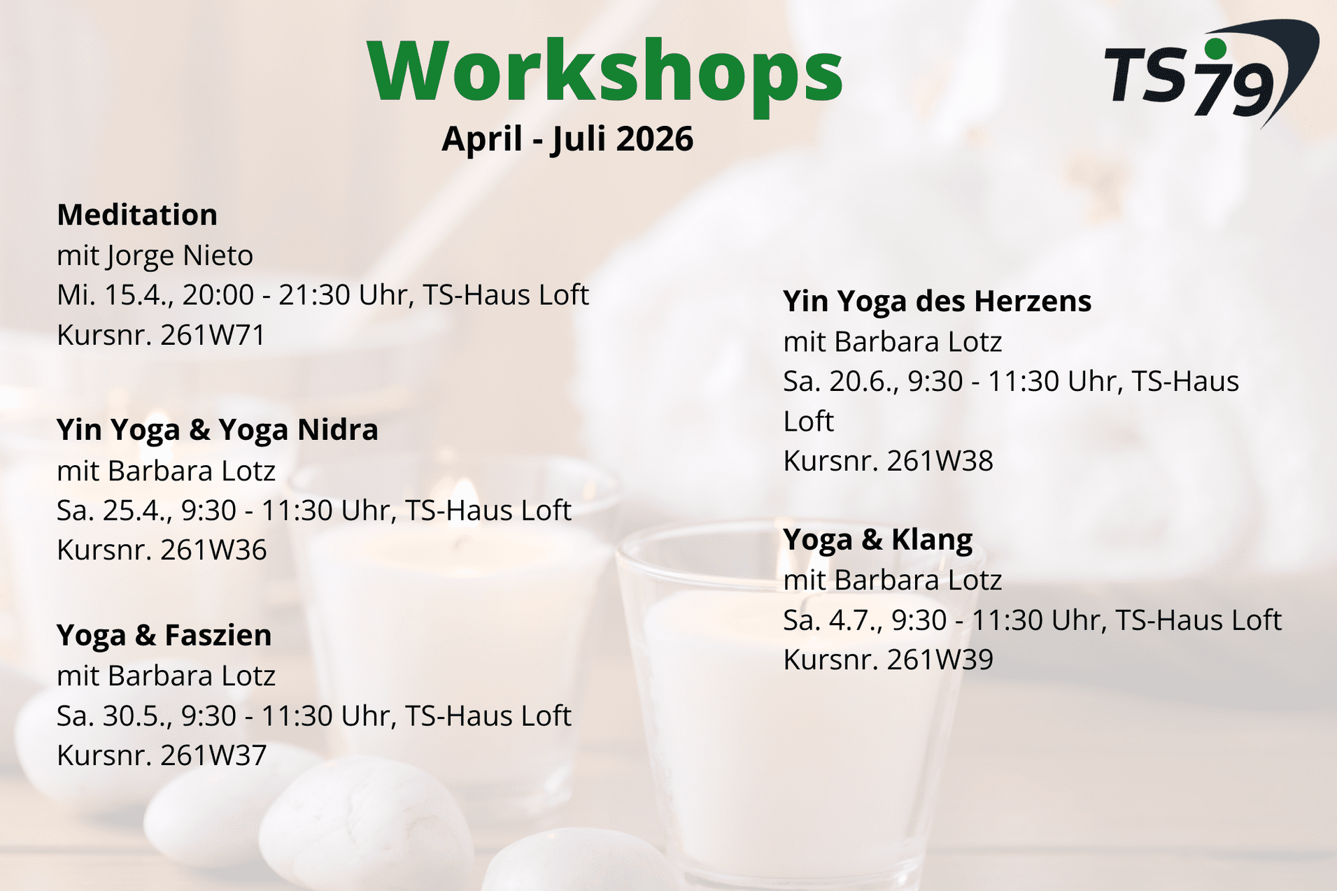 Überblick über Workshops des TS79 von April bis Juli 2026 mit Terminen und Kursleitern auf hellem Hintergrund.