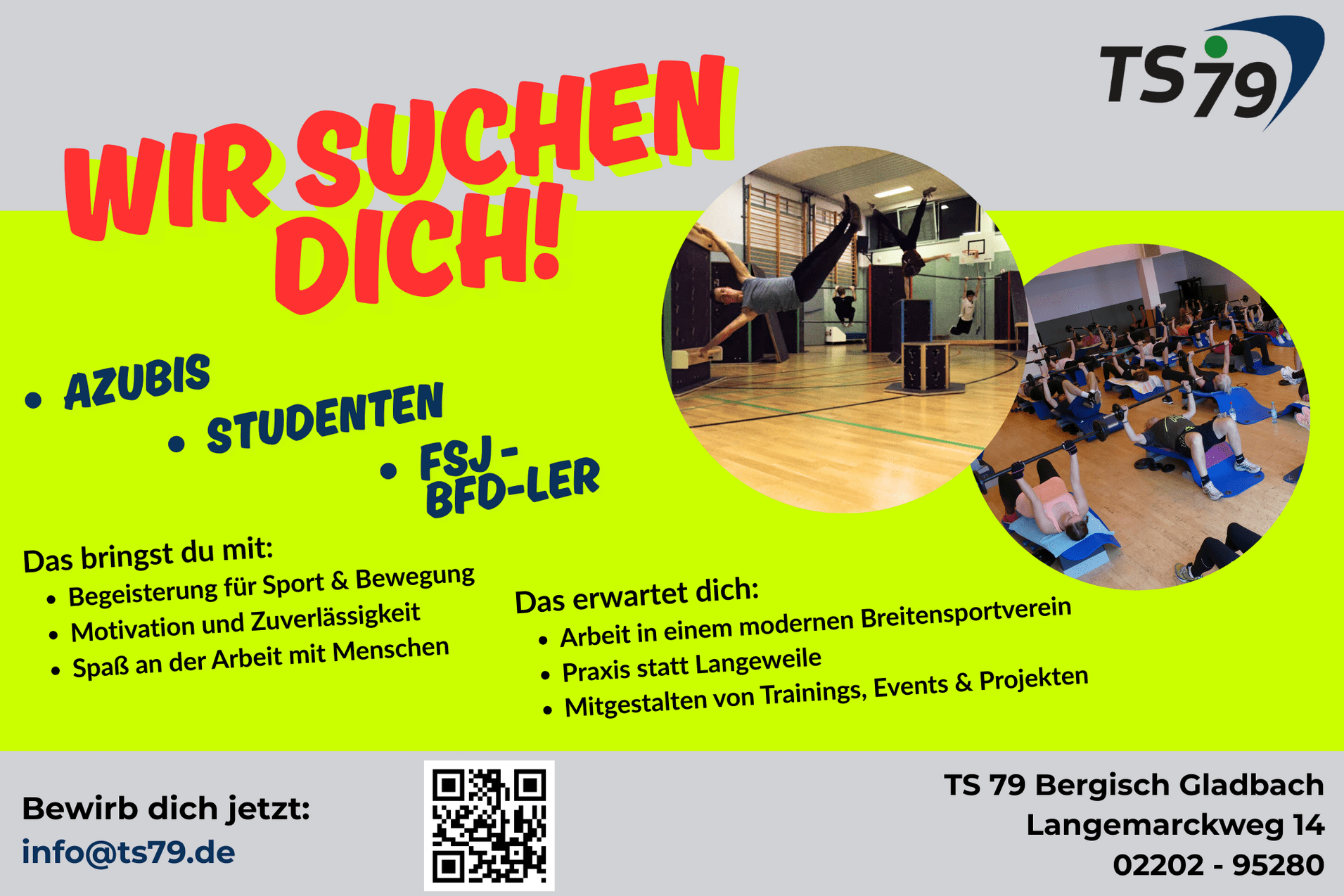 Bild für eine Stellenanzeige: „Wir suchen dich!“ steht prominent, umgeben von Informationen für Azubis und Studenten.