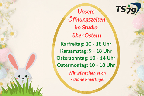 Öffnungszeiten eines Studios über Ostern, umgeben von bunten Eiern und Frühlingsgrafiken. Text in goldenem Ei.